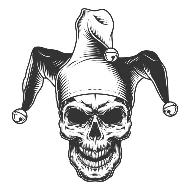 Skull in jester hat Skull in jester hat. monochrome vector illustration court jester stock illustrations