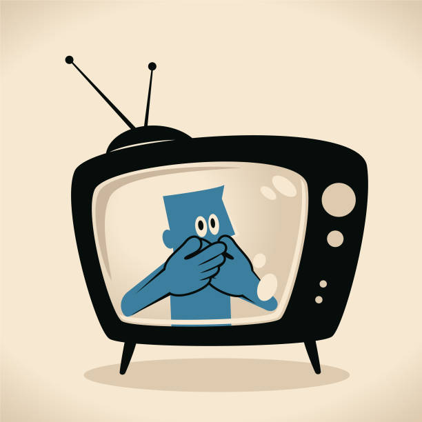illustrazioni stock, clip art, cartoni animati e icone di tendenza di uomo blu sullo schermo tv uomo che copre la bocca da due mani - avere la bocca cucita