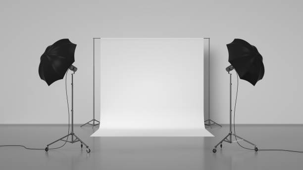 Photo Studio 3d rendering of photo studio with lights. photo shoot stock pictures, royalty-free photos & images