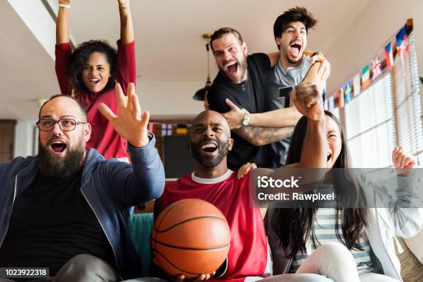 Friends Cheering Sport League Together Stock Photo - Download Image Now - Basketball - Sport, Basketball - Ball, Fan - Enthusiast