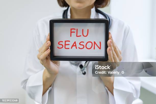 Flu Season Text In The Hands Of A Female Doctor Stock Photo - Download Image Now - Cold And Flu, Flu Virus, Season