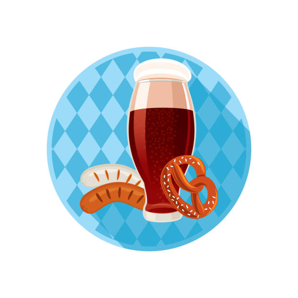 bier mit wurst und brezel ikone. oktoberfest - pretzel oktoberfest german culture beer stock-grafiken, -clipart, -cartoons und -symbole