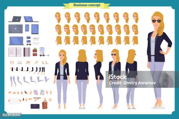 Young Woman Casual Clothes Character Creation Set Full Length Different Views Emotions Gestures Isolated Against White Background Stock Illustration - Download Image Now
