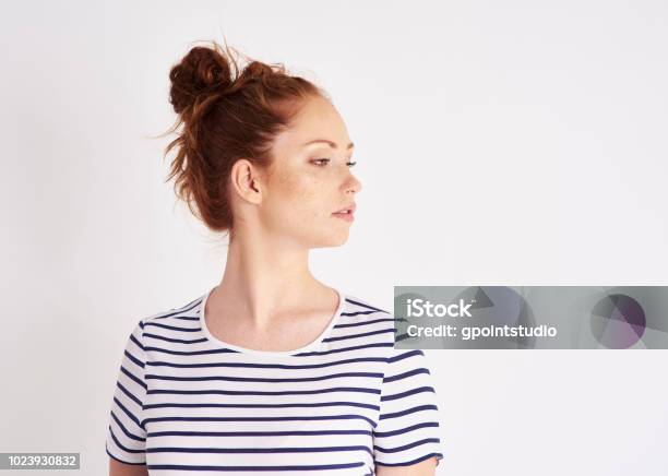 Resentful Woman At Studio Shot Stock Photo - Download Image Now - Women, One Woman Only, Profile View