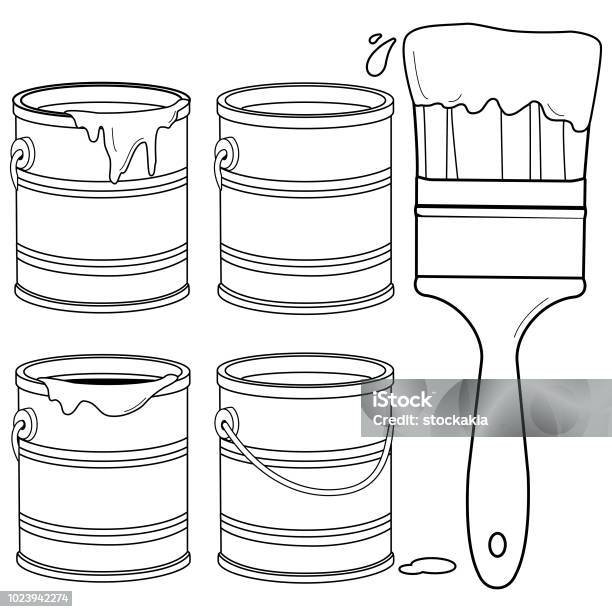 Paint Cans And A Brush Black And White Coloring Book Page Stock Illustration - Download Image Now