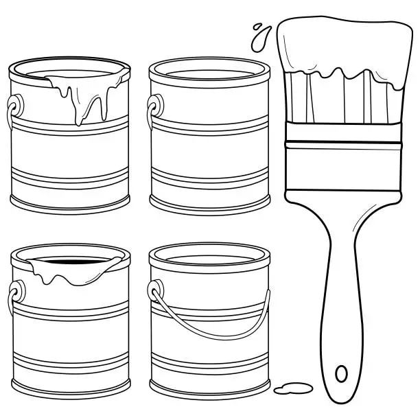 Vector illustration of Paint cans and a brush. Black and white coloring book page