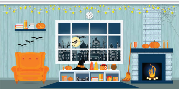 Halloween party in living room. Halloween party in living room with armchair, table, clock and fireplace, modern classic style vector illustration. fantasy castle interior stock illustrations
