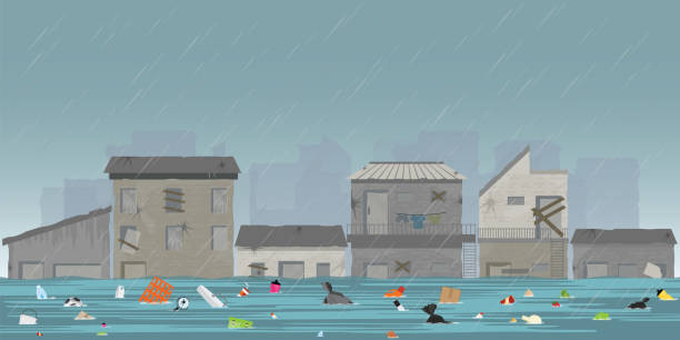 重い雨の雫と市は水に浮かぶゴミとスラム街で洪水します。 - non urban scene landscape sky flood点のイラスト素材／クリップアート素材／マンガ素材／アイコン素材