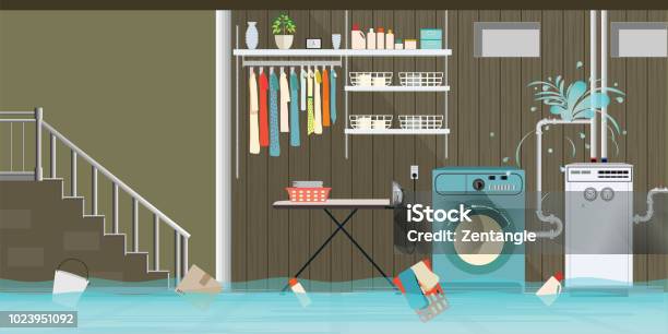 Interior Flooded Basement Flooring Of Laundry Room With Leaky Pipeline Stock Illustration - Download Image Now