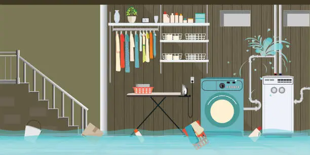 Vector illustration of Interior flooded basement flooring of laundry room with leaky pipeline.