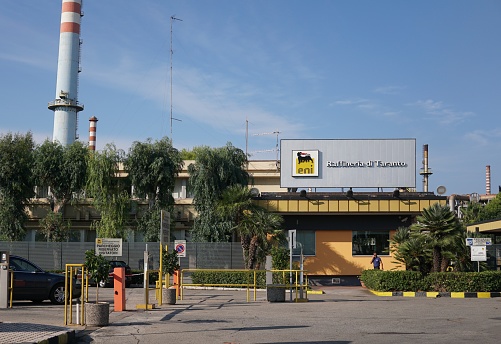 Taranto, Italy - August 22, 2018: ENI refinery outdoors. Eni SpA is the Italy's largest oil company