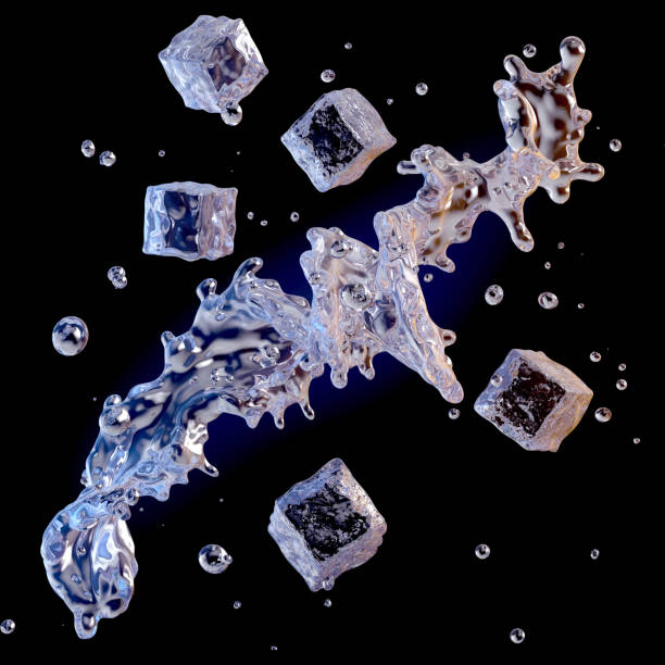 istock Water splash with water droplets and ice cubes isolated on black background. 3D illustration 1023963584