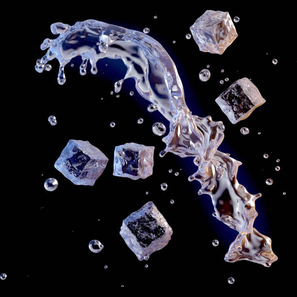 istock Water splash with water droplets and ice cubes isolated on black background. 3D illustration 1023963588