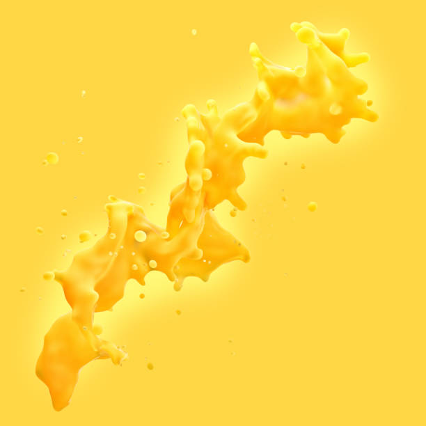istock Juice splash with droplets isolated on yellow background. 3D illustration 1023963600