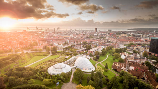 Drone image of the cityscape of Aarhus in Denmark. Beautiful morning light on a fall day.