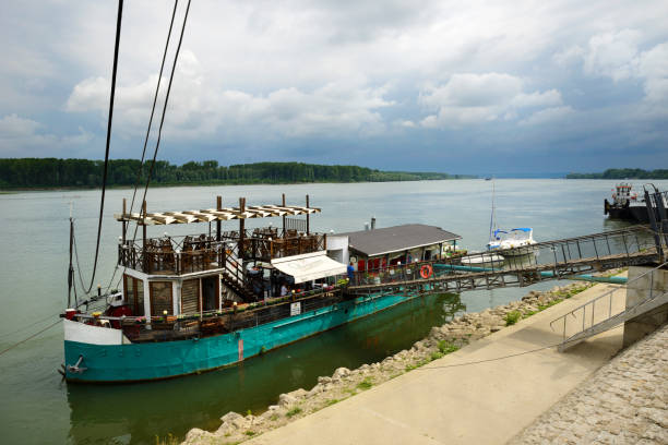 Danube river, Vidin town, Bulgaria - June 15, 2018: Restaurant in Danube river near Vidin town made from ship. Bulgaria, Balkans, Europe.