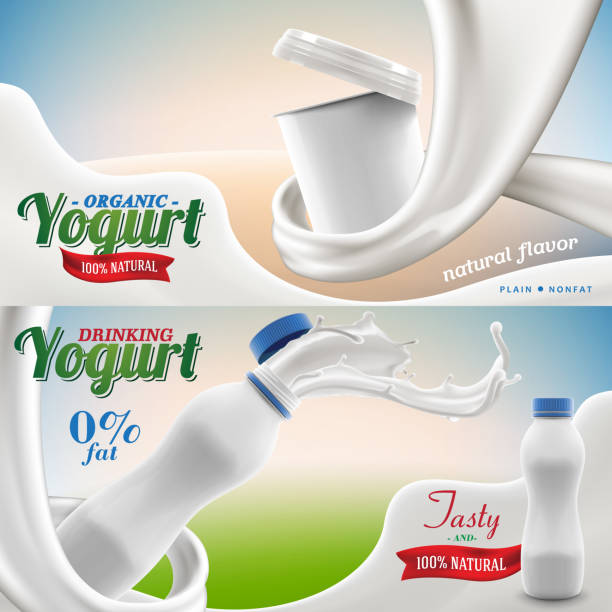 illustrazioni stock, clip art, cartoni animati e icone di tendenza di contenitore vuoto di yogurt greco naturale e bottiglia in latte vorticoso branding pronto annunci set di illustrazione di simulazione vettoriale commerciale - nonfat milk