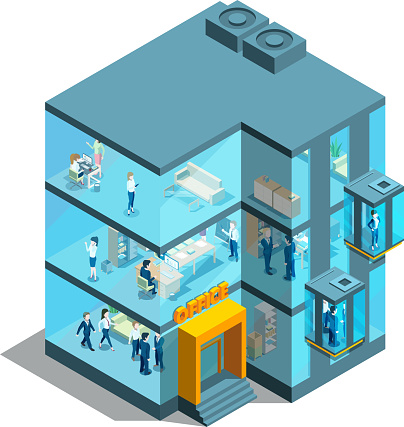 istock Business building with glass offices and elevators. Isometric architectural vector 3d illustration 1023977356