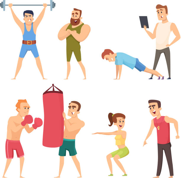 ilustraciones, imágenes clip art, dibujos animados e iconos de stock de entrenador personal en gimnasio. vector conjunto de caracteres - the human body cartoon figurine characters