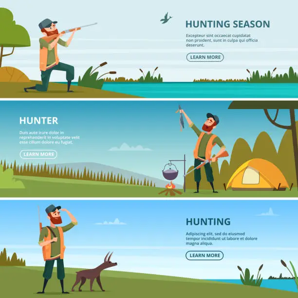 Vector illustration of Hunters on hunt banners. Cartoon illustrations of hunting