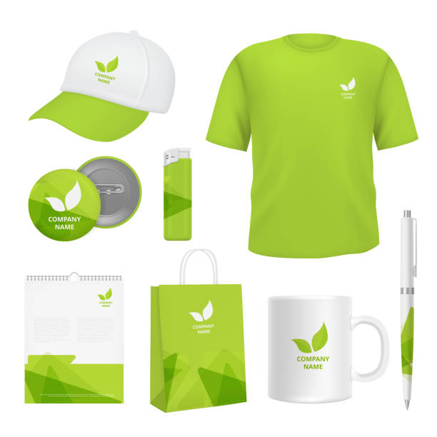 Business corporate identity. Various souvenirs with advertizing templates Business corporate identity. Various souvenirs with advertizing templates. Vector identity company clothing branding, promotional t-shirt and pack illustration branding identity business merchandise stock illustrations