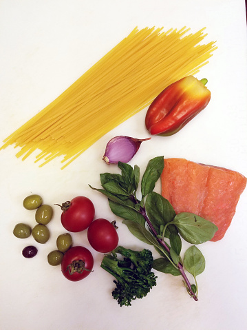 Ingredients for a salmon pasta dinner.