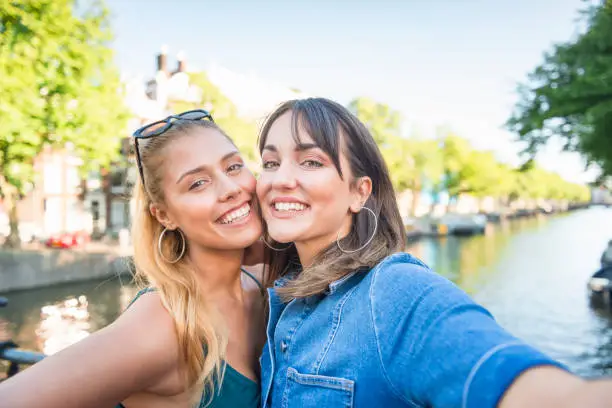 Two young women taking a selfie in Amsterdam