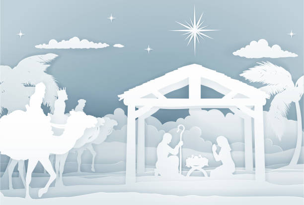 Nativity Scene With Three Wise Men Christmas Christian religious Nativity Scene of baby Jesus in the manger with Mary and Joseph in silhouette. With the three wise men magi. In a vintage paper art style. jesus christ birth stock illustrations