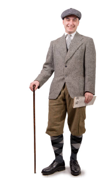 a young man in vintage clothes with hat, 1930 style, on white