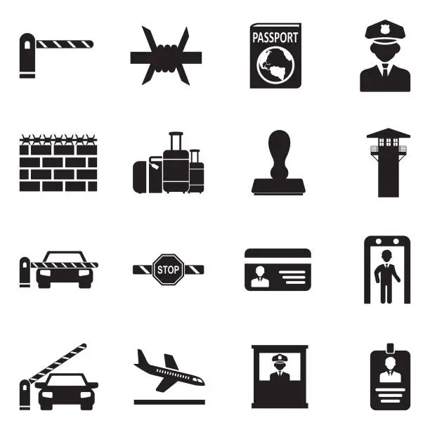 Vector illustration of Border Crossing Icons. Black Flat Design. Vector Illustration.