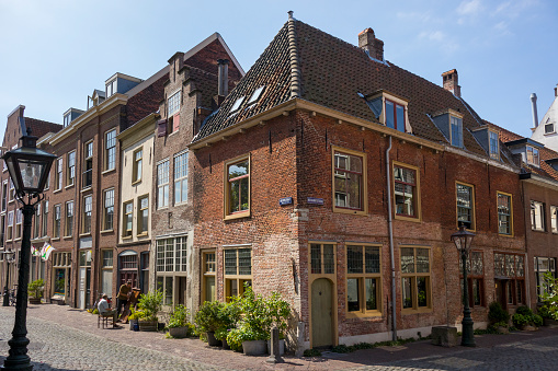 Leiden, Netherlands - July 17, 2018: Leiden American Pilgrim Fathers Museum at the corner of the Beschuitsteeg in Leiden