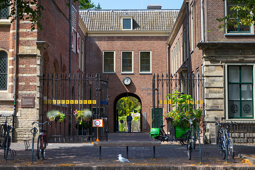 Leiden, Netherlands - July 17, 2018: Entance of the Hortus Botanicus at the Rapenburg in the center of Leiden