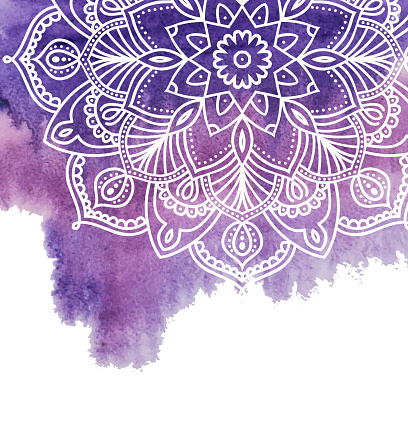 Watercolor paint background with white hand drawn round doodles and mandalas. design of backdrop