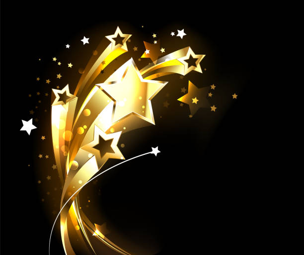 Soaring gold stars Five soaring, golden, shining stars on black background. star trail stock illustrations
