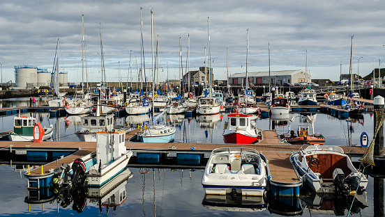 Wick,Scotland 09/19/2016:Wick harbour boats moored in port