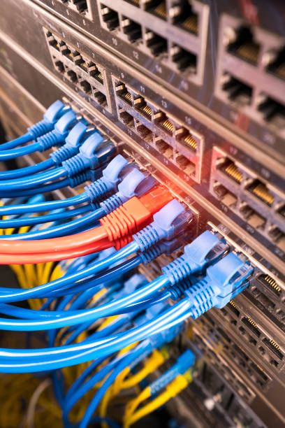 server rack with blue and red internet patch cord cables connected to black patch panel in data server room - network server rack data center in a row imagens e fotografias de stock