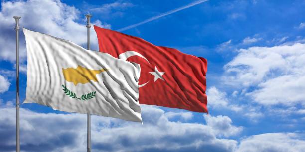 istock Turkey and  Cyprus waving flags on blue sky. 3d illustration 1024033380