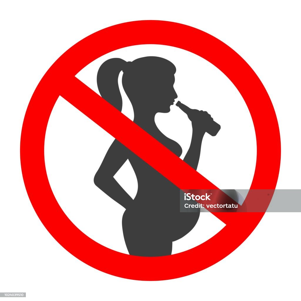 Pregnant no drink sign Pregnant no drink sign. Red prohibition alcohol warning responsibility sign with pregnant woman silhouette and bottle of beer in hand Alcohol - Drink stock vector