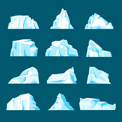 Floating iceberg set. Ice mountain, large piece of freshwater blue ice in open water. Vector flat style cartoon illustration