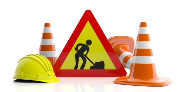 istock Traffic cones and sign and hard hat on white background. 3d illustration 1024045096