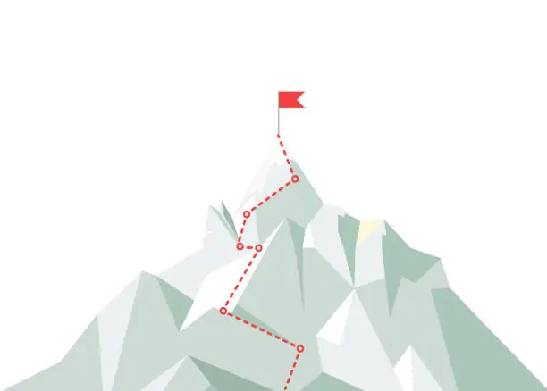 Vector illustration of Mountain climbing route to peak. Business journey path in progress to peak of success. Climbing road to top. Vector illustration.