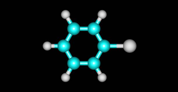 Chlorobenzene molecular structure isolated on black Chlorobenzene is an aromatic organic compound with the chemical formula C6H5Cl. This colorless, flammable liquid is a common solvent. 3d illustration benzene chemical formula stock pictures, royalty-free photos & images