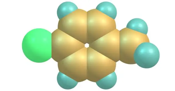 Photo of 4-chlorotoluene molecular structure isolated on white