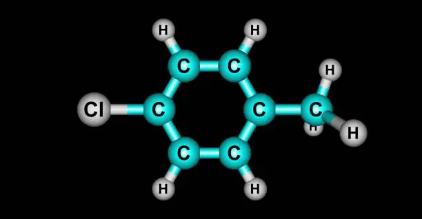 Photo of 4-chlorotoluene molecular structure isolated on black