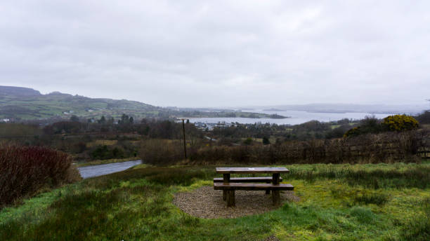 雨の日に丘の上のベンチ - republic of ireland sadness household equipment northern europe ストックフォトと画像