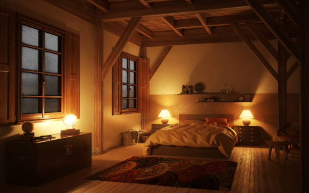 уютная и рустская спальня (ночь) - cozy bedside стоковые фото и изображения