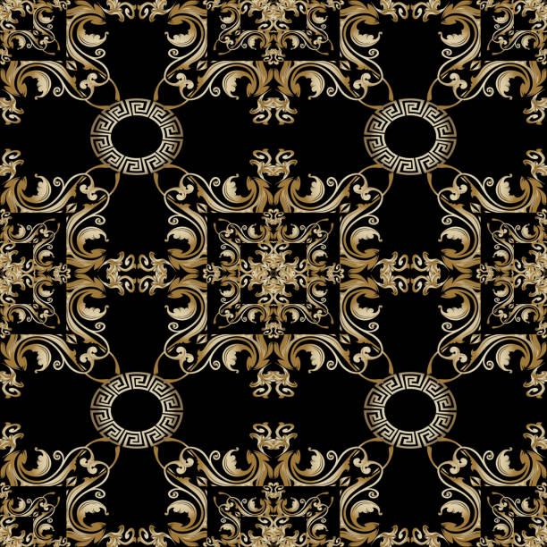 istock Baroque floral vector seamless pattern. Abstract geometric ornamental Damask background. Greek key meanders circle ornament.  Old decorative design with gold vintage flowers, scroll leaves, frames. 1024061330
