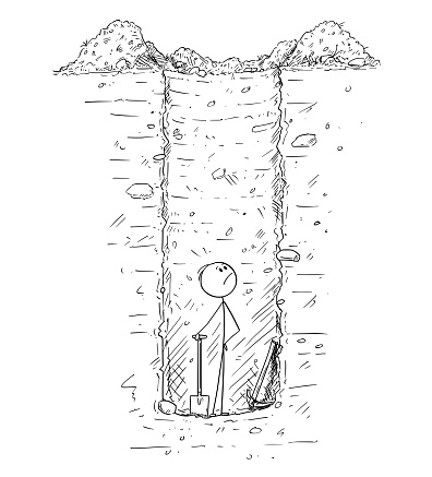 Cartoon of Man Trapped Alone Inside Deep Hole or Water Well He Dig in the Ground