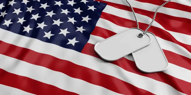 Photo of USA army concept, Identification tags on America flag background. 3d illustration