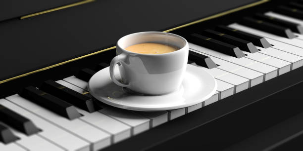 tazza di caffè su una tastiera per pianoforte. illustrazione 3d - espresso music theatrical performance coffee foto e immagini stock